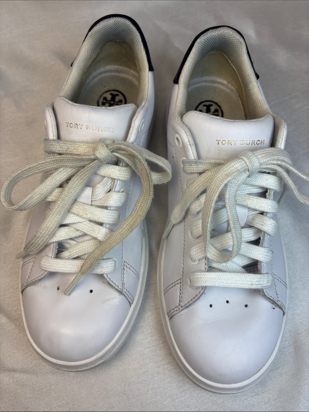 Tory Burch White Leather Lace-Up Sneakers with Gold Logo